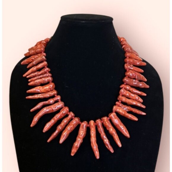 Vintage HUGE Statement Red Coral Handmade S Clasp Collar Necklace 22” - Picture 1 of 9